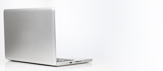 Modern laptop computer on white background, rear view