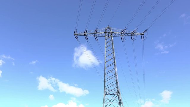 Electrical tower with blue sky in background.
