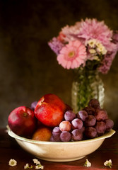 Still life apples and grapes in black and white
