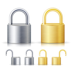 Naklejka premium Locked And Unlocked Padlock Realistic Set Illustration. Gold And Steel. Security Concept. Metal Lock For Safety And Privacy