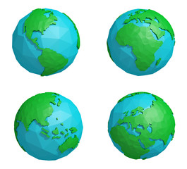 Set of low poly earth planet with four continents, polygonal globe icon, 3D rendering 