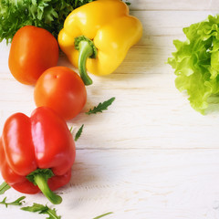 bell pepper, green salad and arugula, top view