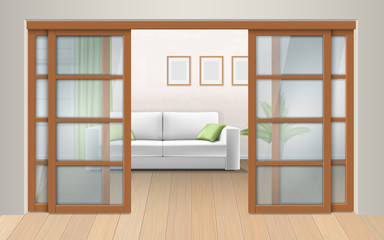 Fototapeta premium Living room interior with sliding doors. Entrance to the room from the corridor. Vector realistic illustration.