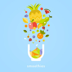 Fototapeta premium Healthy food. Fruit. Cup fresh smoothies. Vector flat illustration.