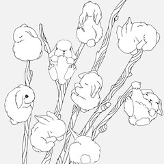 Set of tall pussy willow sprays with cute little fluffy bunnies.