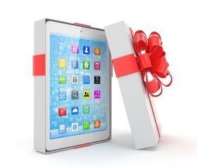Tablet in white gift box with red bow and ribbons on white. 3D rendering.
