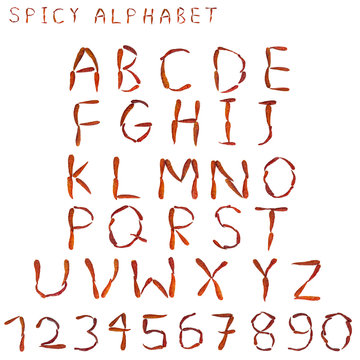 Spicy chili english alphabet on white background with digitals from 0 to 9