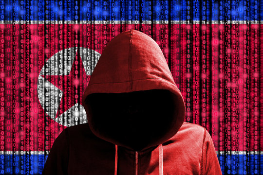 Korean hacker in front of digital datastream flag