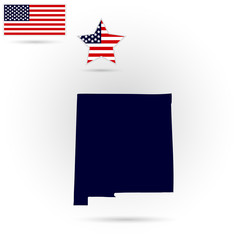 Map of the U.S. state of New Mexico on a gray background. American flag, star