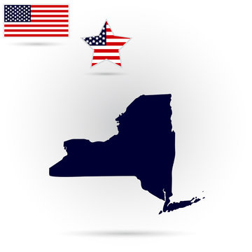 Map of the U.S. state of New York on a gray background. American flag, star