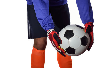 Soccer goalkeeper is taking kick in white background