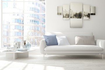 White room with sofa and urban  landscape in window. Scandinavian interior design. 3D illustration