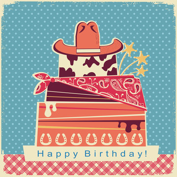 Cowboy happy birthday party card background with cake and cowboy hat