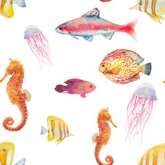 Naklejka premium Watercolor tropical fish seamless pattern. Hand drawn summer exotic texture with underwater life: jellyfish, sea horse, coral reef fishes.