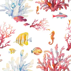 Photo sur Plexiglas Animaux marins Modèle sans couture de récif de corail aquarelle. Design d& 39 arrière-plan réaliste dessiné à la main : poissons tropicaux, coraux, hippocampe sur fond blanc. Conception de texture répétitive naturelle pour papier, tissu, papier peint