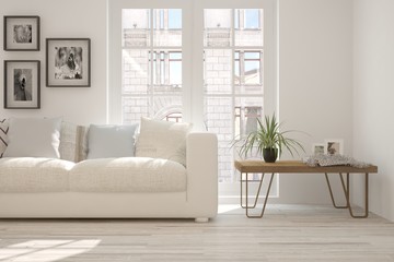 White room with sofa and urban  landscape in window. Scandinavian interior design. 3D illustration