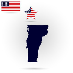 Map of the U.S. state of Vermont on a gray background. American flag, star
