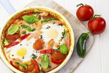 Breakfast pan with vegetables and eggs