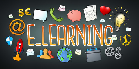 Hand-drawn e-learning text with icons