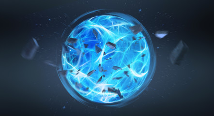 Digital blue exploding superpower ball 3D rendering