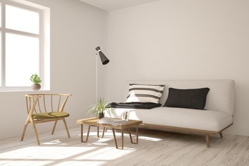 White modern room with sofa. Scandinavian interior design. 3D illustration