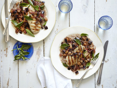 Grilled chicken paillard with caponata for two.