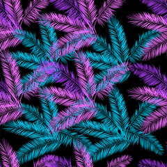 Black, blue and purple palm vector seamless pattern. 