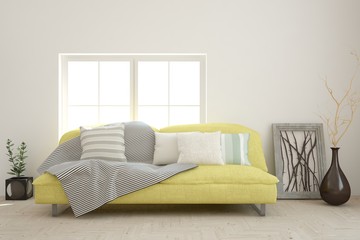 White modern room with sofa. Scandinavian interior design. 3D illustration