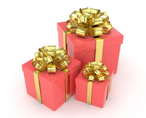 three gift boxes with bows isolated on white. 3d rendering.