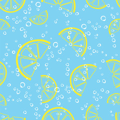 lemon slice and bubbles sparkling drink water seamless vector pattern