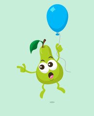 Illustration of cute flying pear mascot pointing at something. Isolated on light green background.