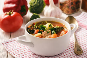 Vegetable soup goulash with meat.