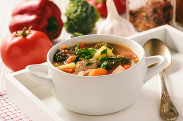 Vegetable soup goulash with meat.