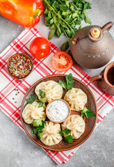 Khinkali - Georgian dumplings with meat and parsley in a ceramic dish with a sauce of sour cream and greens. Selective focus