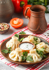 Khinkali - Georgian dumplings with meat and parsley in a ceramic dish with a sauce of sour cream and greens. Selective focus