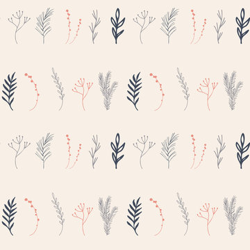  Vector floral seamless pattern with hand drawn laurels , fir tree branches and berries twigs in gray, blue and pink.
