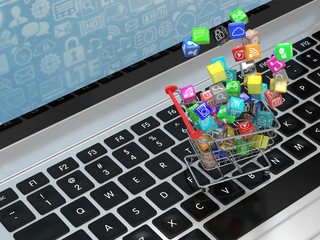 shopping cart with application software icons on laptop. 3d rendering.