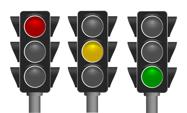 Traffic lights isolated on white background. Vector illustration. Red-Yellow-Green lights - Go, wait, stop.