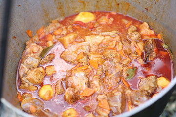 A bowl of soup with meat, beans and vegetables