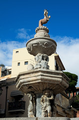 Fototapeta na wymiar TAORMINA, ITALY- January 04, 2017: Amazing fountain “Centaur” close up photo. Sicily. Italy