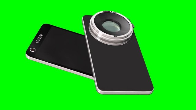 smartphone with system camera lens - smartphone film and photo concept - green screen 