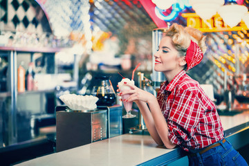 Woman in retro cafe