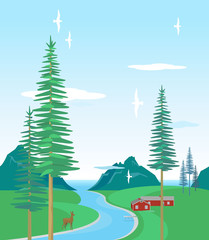 Horizontal seamless pattern, drawing of northern summer landscape, fjord, a river, Scandinavian house, pines, mountains, flying seagulls, roe, clouds, forest. Color vector set isolated on background.