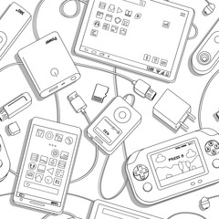 Vector seamless pattern with  gadgets. black and white