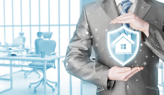 House protection and insurance. Home shield. Real estate safety. Office background.