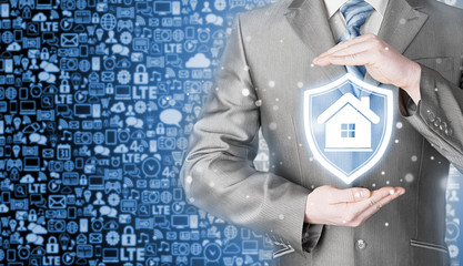 House protection and insurance. Home shield. Real estate safety. Icons background. Communication and Internet.