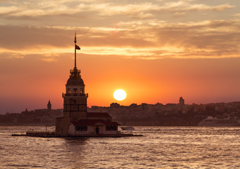 View of the Maiden tower at sunset, Istanbul, Turkey