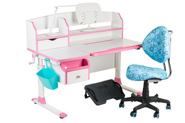 Blue chair, pink school desk, blue basket, desk lamp and black support under legs