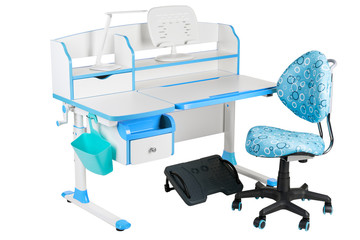 Blue chair, school desk, blue basket, desk lamp and black support under legs