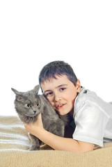 Boy with a cat on a white background12